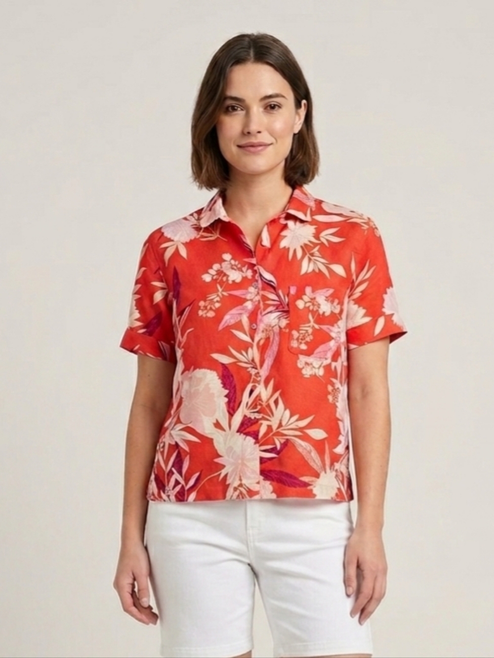 ​Cynthia Rowley Orange Floral Linen S Button Down Shirt Coastal Boho Resort